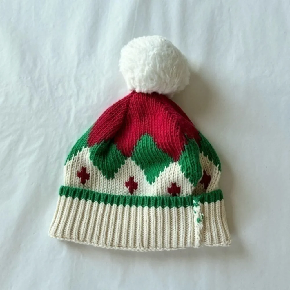 Garnet Hill Kids Green Red White Knit Pom Pom Cotton Hat Beanie‎